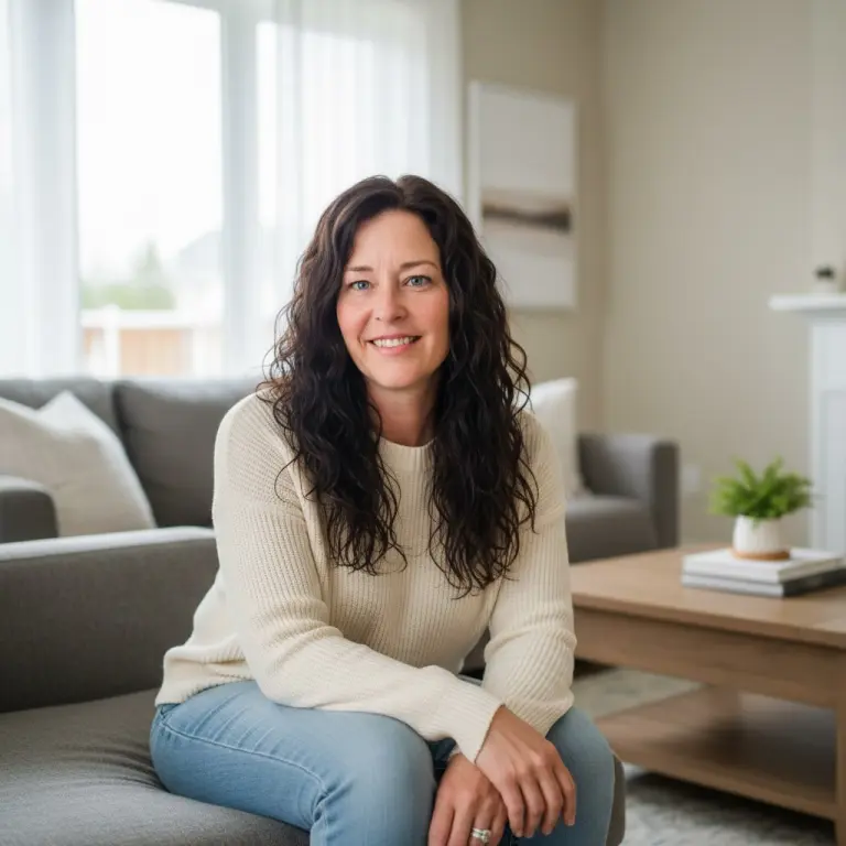 Tara Pennington, founder of True Finish Clean Co., in a bright, clean living room in Cincinnati