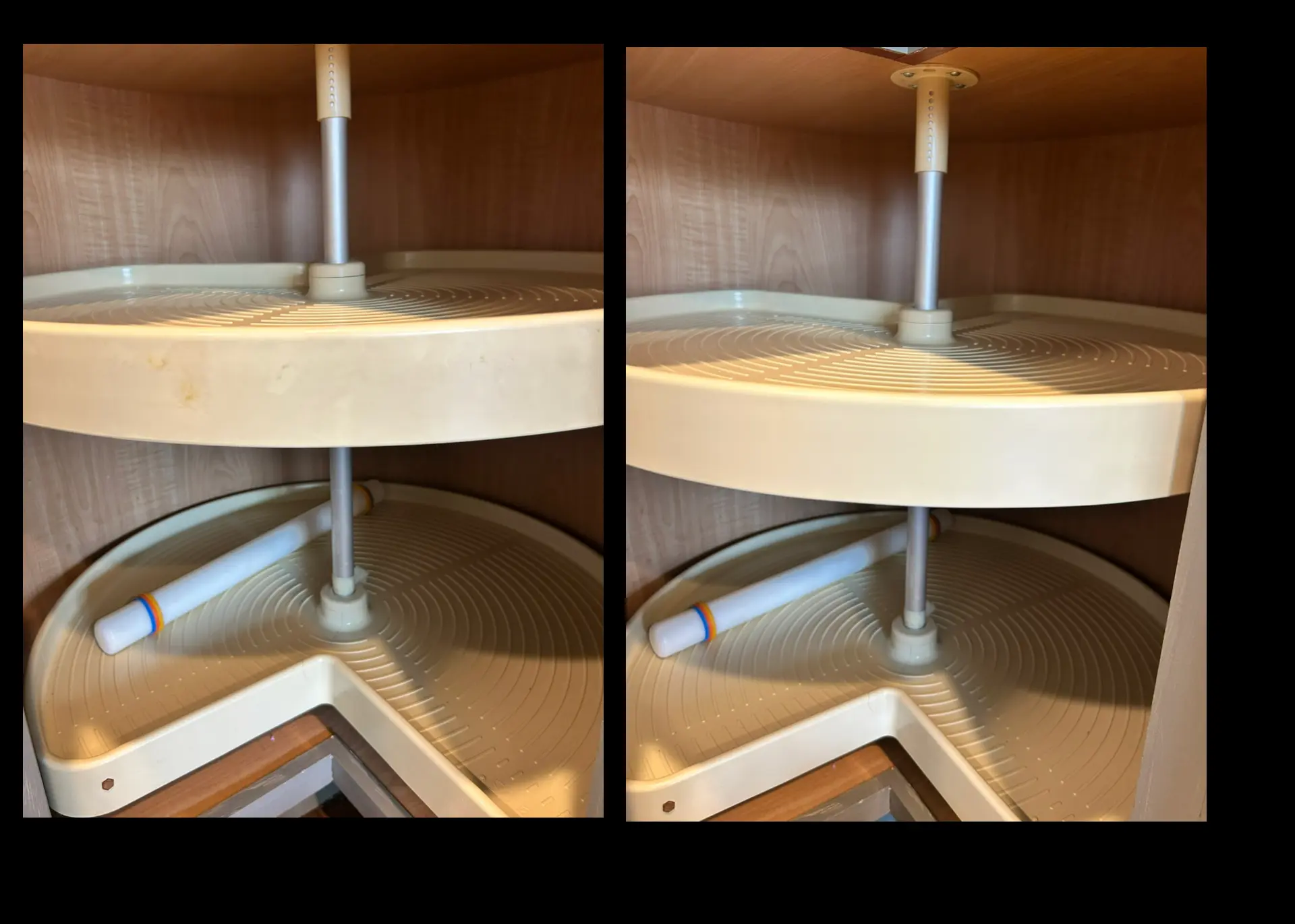 Before and after of a lazy Susan corner cabinet deep cleaned