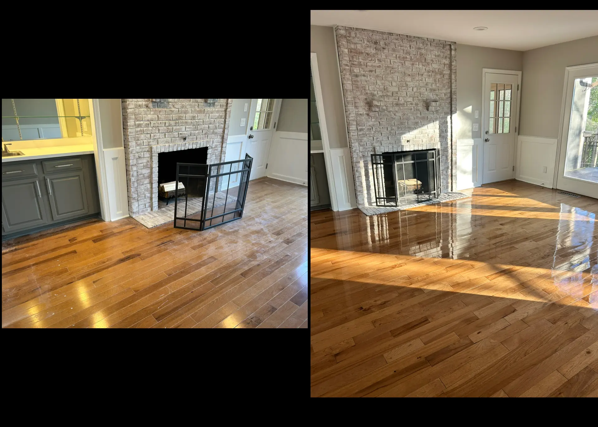 Before and after of a living room floor and brick fireplace cleaned after a post-construction build in Cincinnati