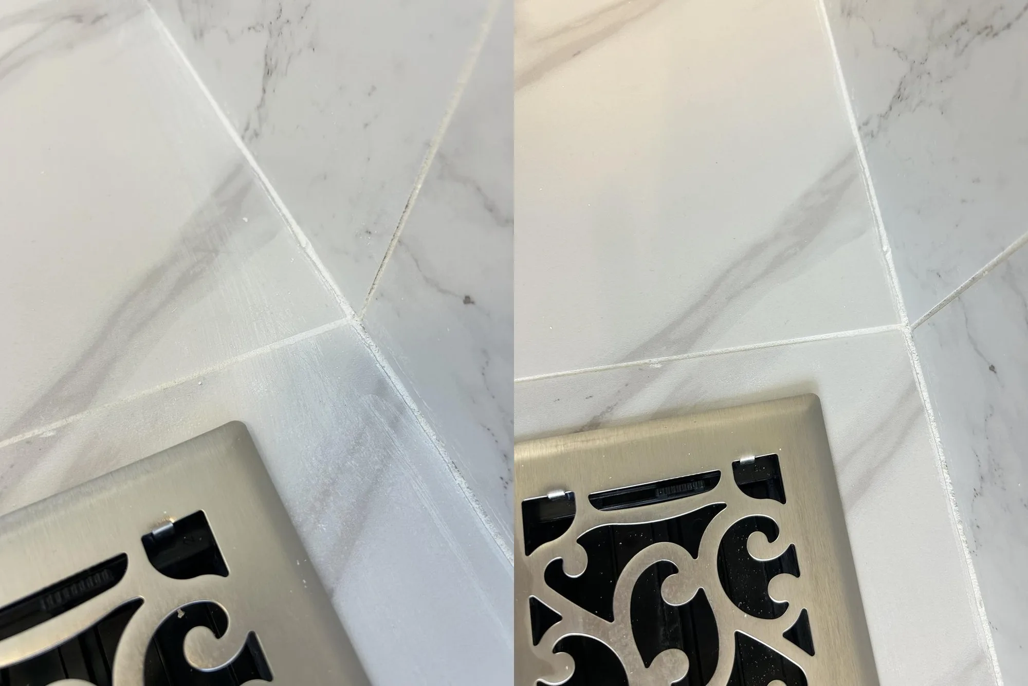 Marble tile floor and metal floor vent detailed after a post-construction clean