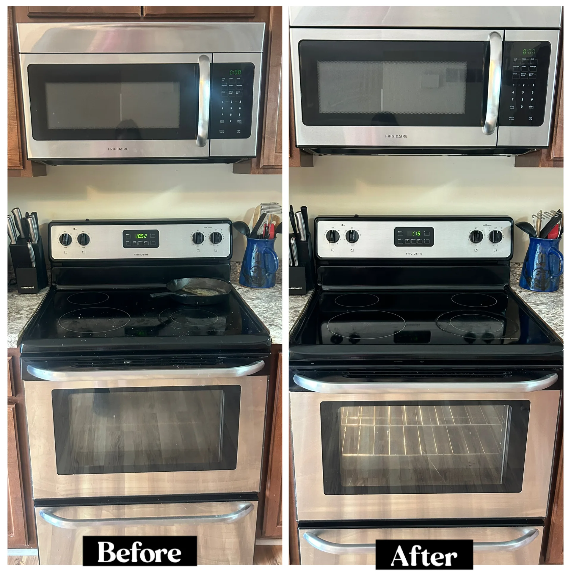 Before and after of a range and microwave kept clean with recurring visits